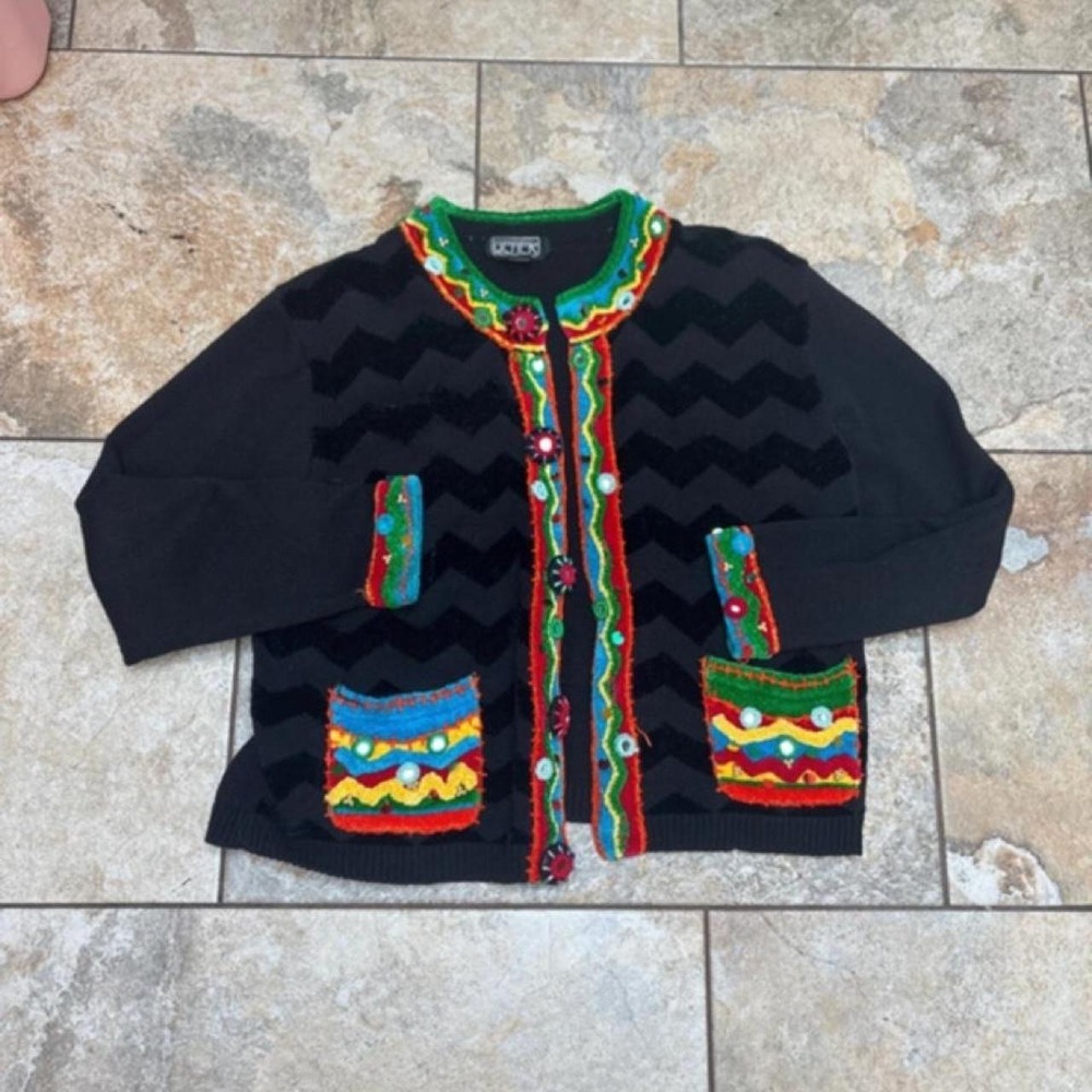 Berek Vintage Cardigan XL Black Multi Color Embroidered Boho Knit Sweater
